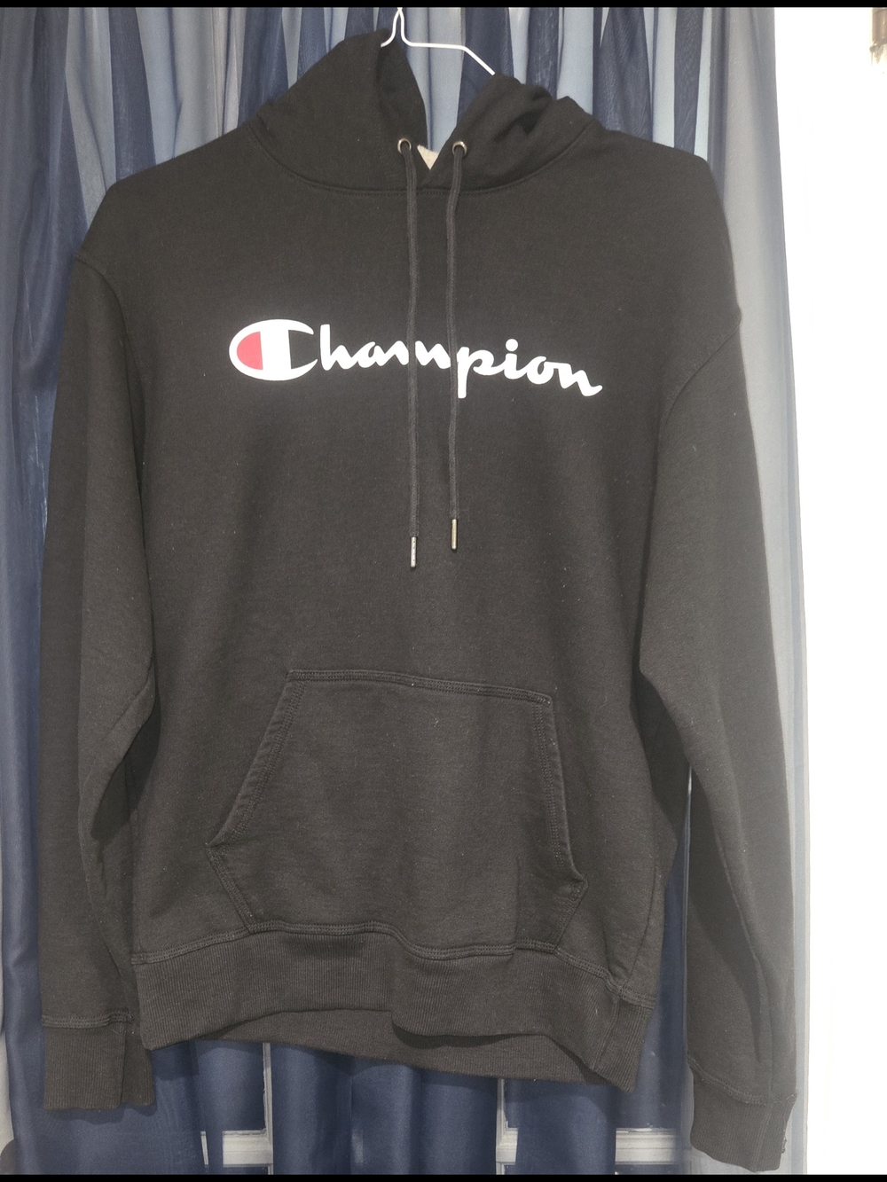 Champion Black Hoodie with White Script and Red Accent